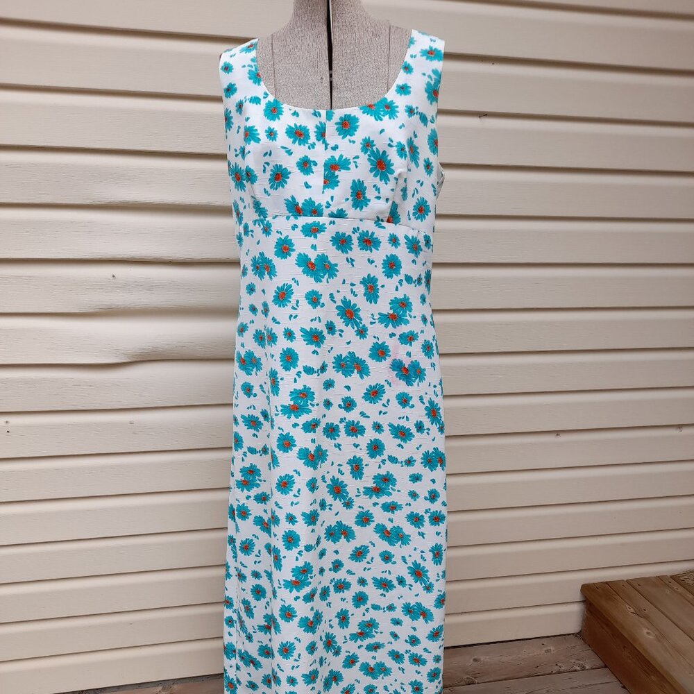 Vintage 60s Daisy Maxi Dress Sleeveless White Blue 38" Bust Floral Hippie
